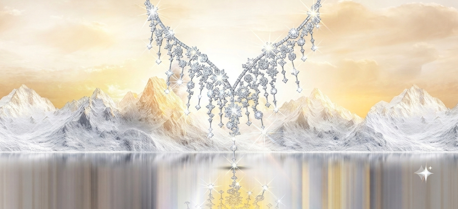 Diamond necklace over a mountain landscape